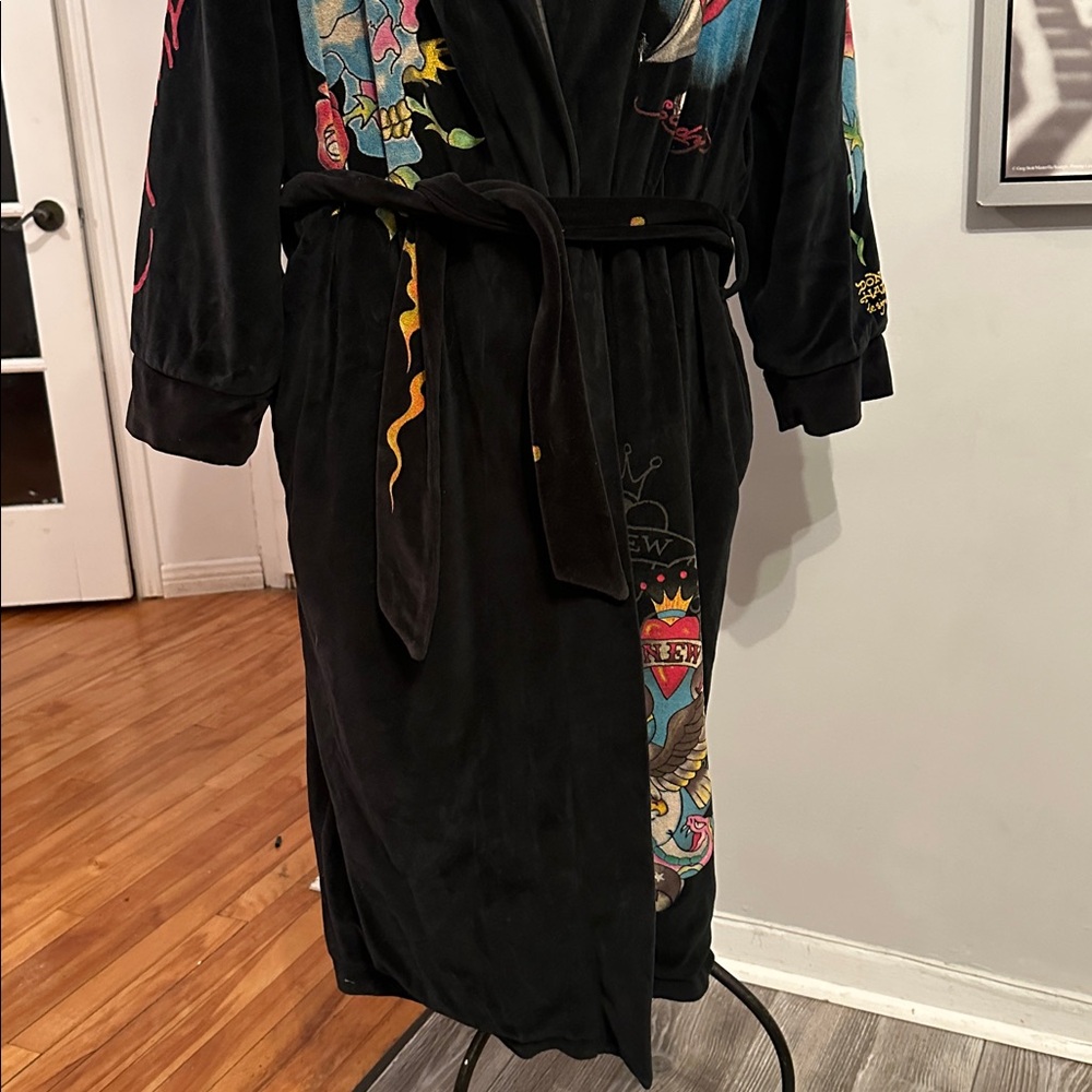 Y2K Ed Hardy Velvet Robe Coat Skull Tattoo Graphic Black S/M Luxury Streetwear - Picture 5 of 15